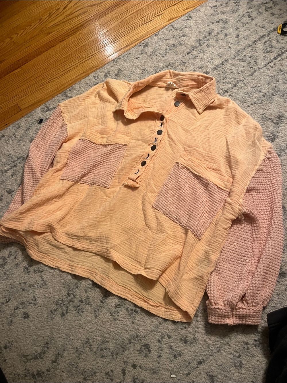 POL Peach Pink Waffle Knit Henley Top Oversize s Boho Casual Shabby Chic
